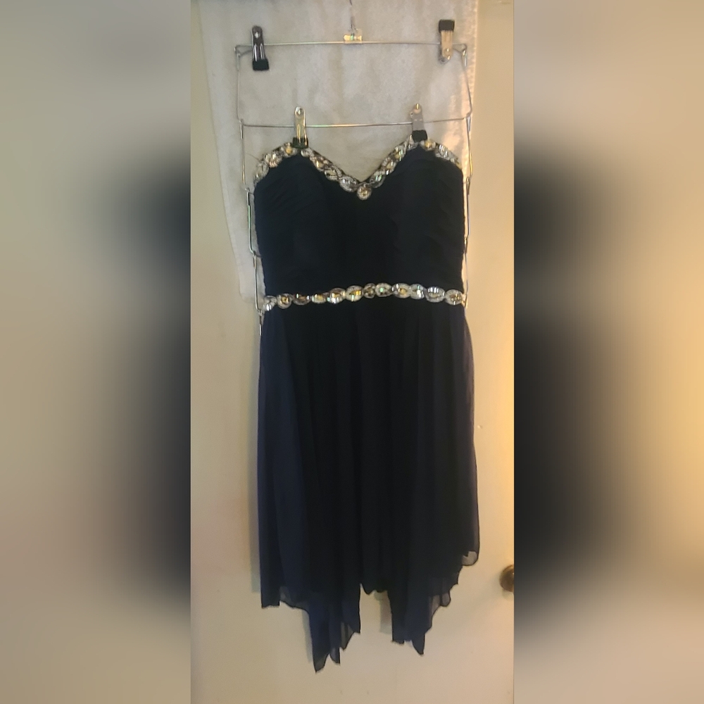 My Michelle Strapless Navy Chiffon Dress with Rhinestone Trim 9